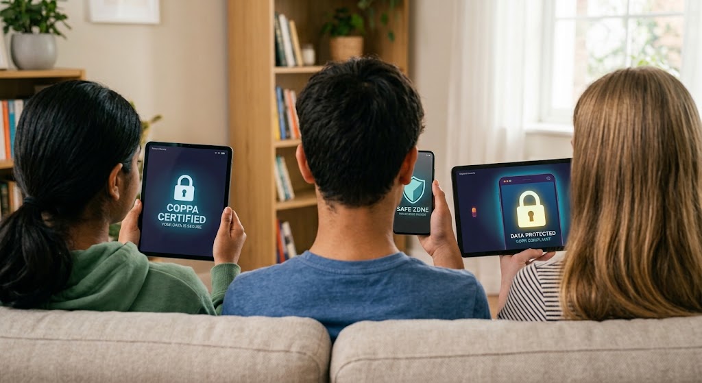 Familia revisando certificaciones de privacidad de datos en tablets y celulares