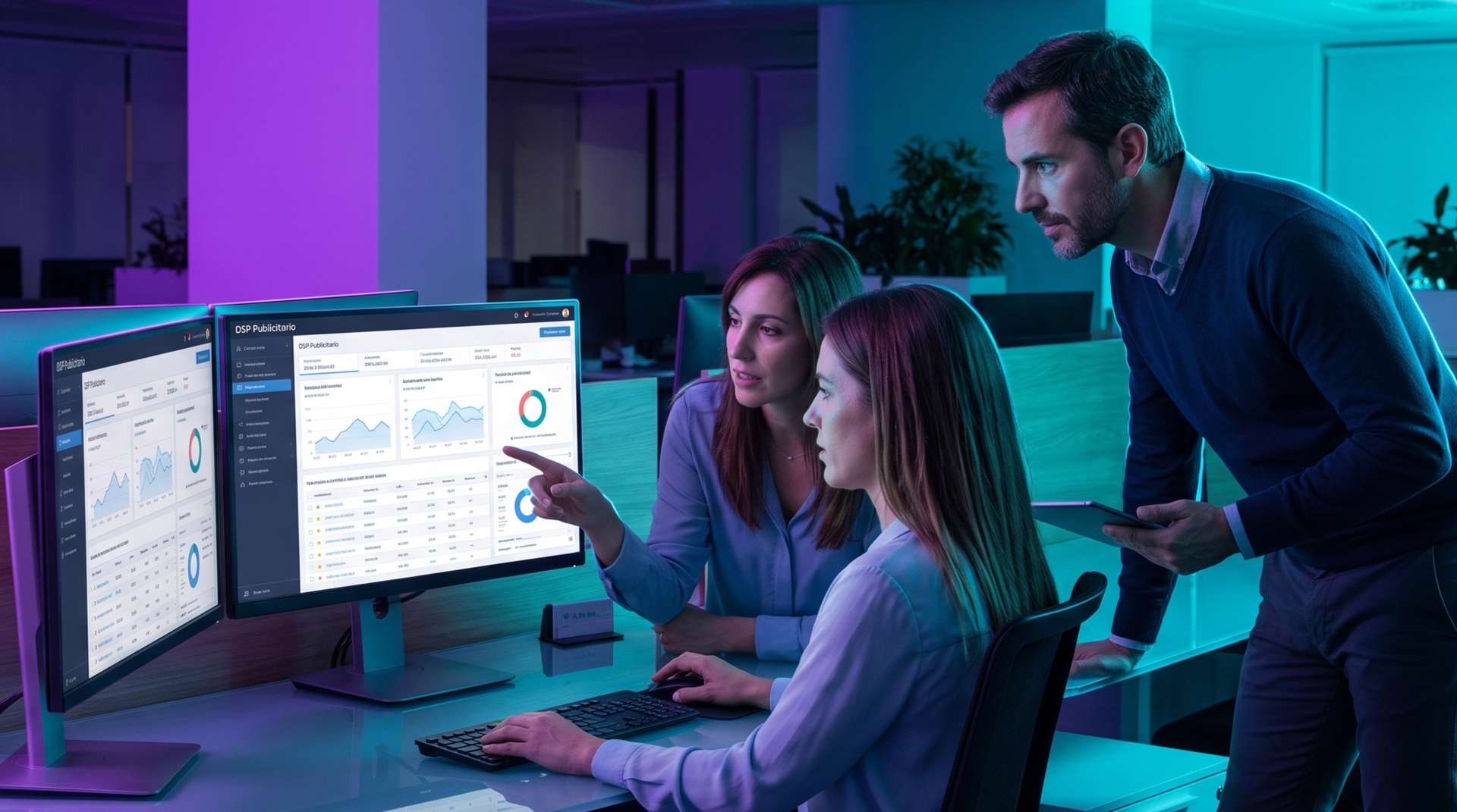 Equipe analisando um dashboard de DSP U18 com dados de audiência e performance